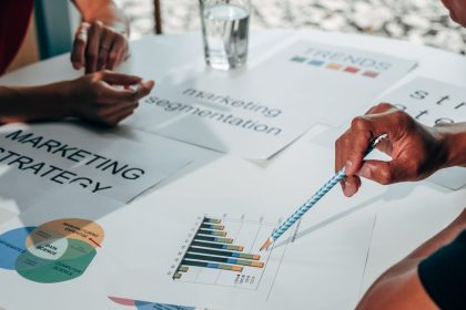 Equipe reunida em um escritório analisa gráficos, documentos e dados para desenvolver uma estratégia de marketing.