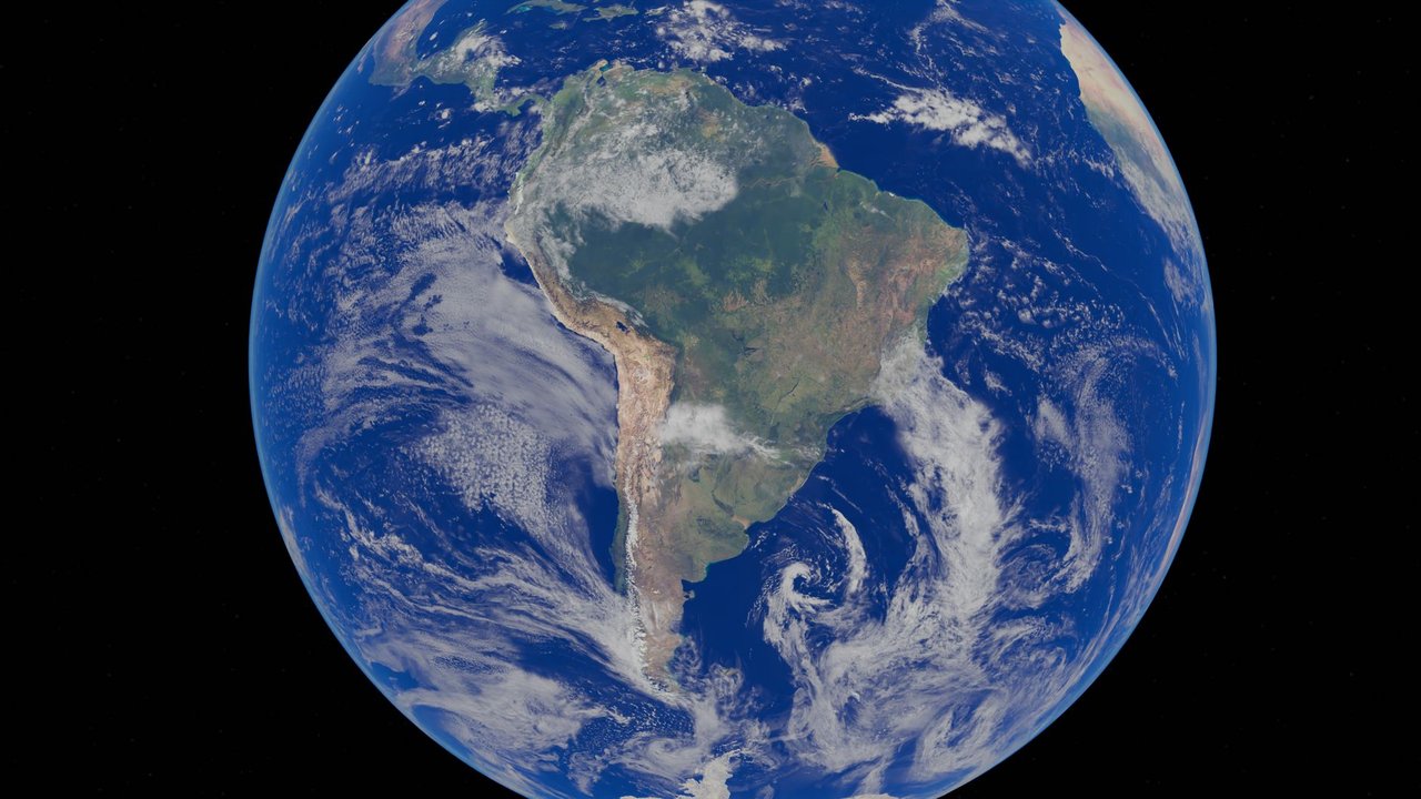 Ilustração digital de um satélite observando a Terra, com a América do Sul em destaque sobre oceanos azuis.