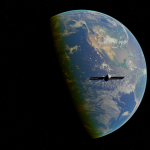 Ilustração digital de um satélite orbitando a Terra no espaço