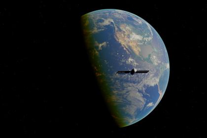 Ilustração digital de um satélite orbitando a Terra no espaço