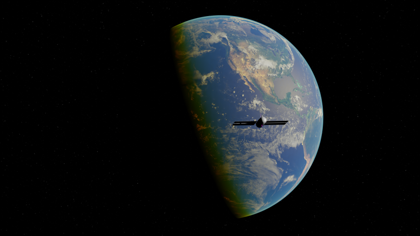 Ilustração digital de um satélite orbitando a Terra no espaço