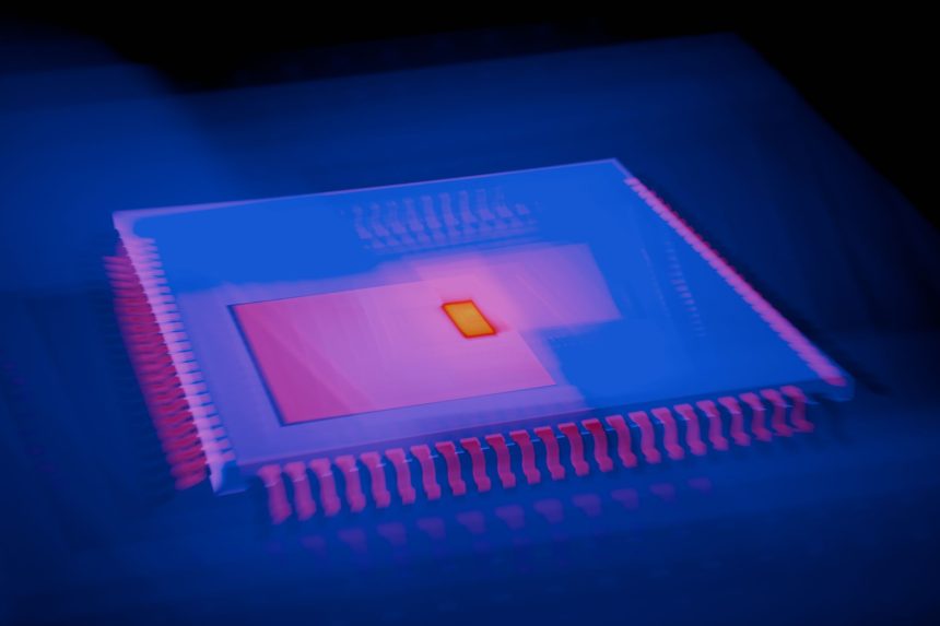 Imagem abstrata e desfocada de um microchip com cores semelhantes a um mapa térmico.